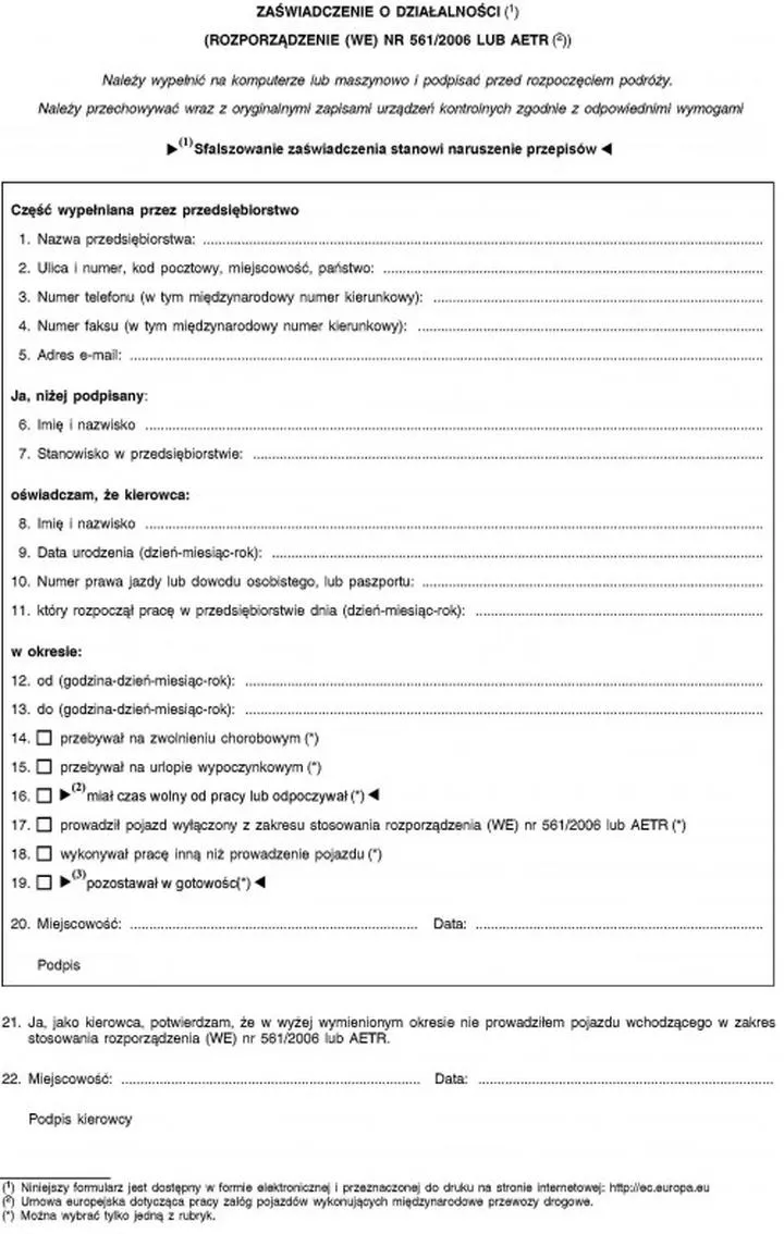 Oświadczenie o zatrudnieniu kierowcy